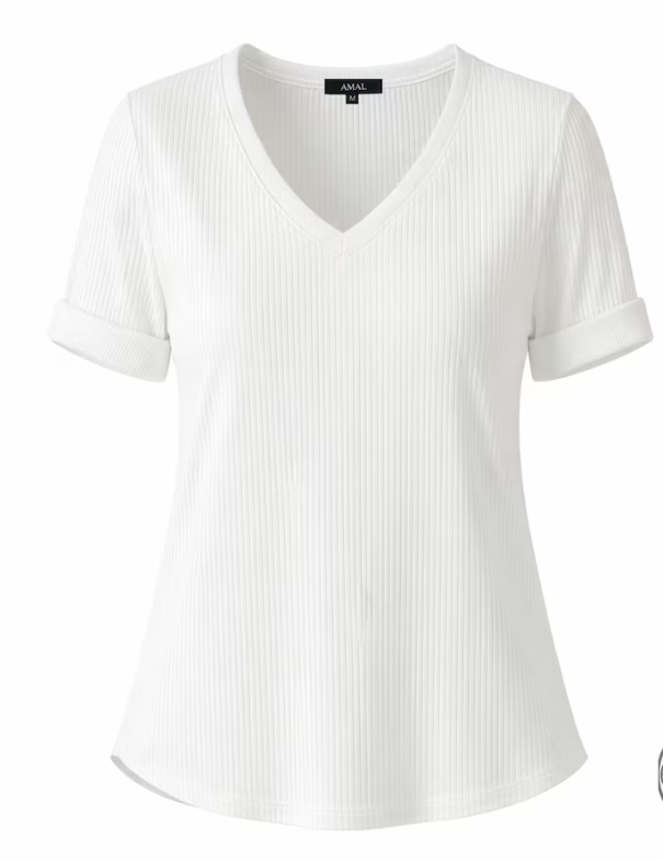 Soft Rib Knit V-Neck T-Shirt - Casual Short Sleeve Tee, Lightweight Everyday Top