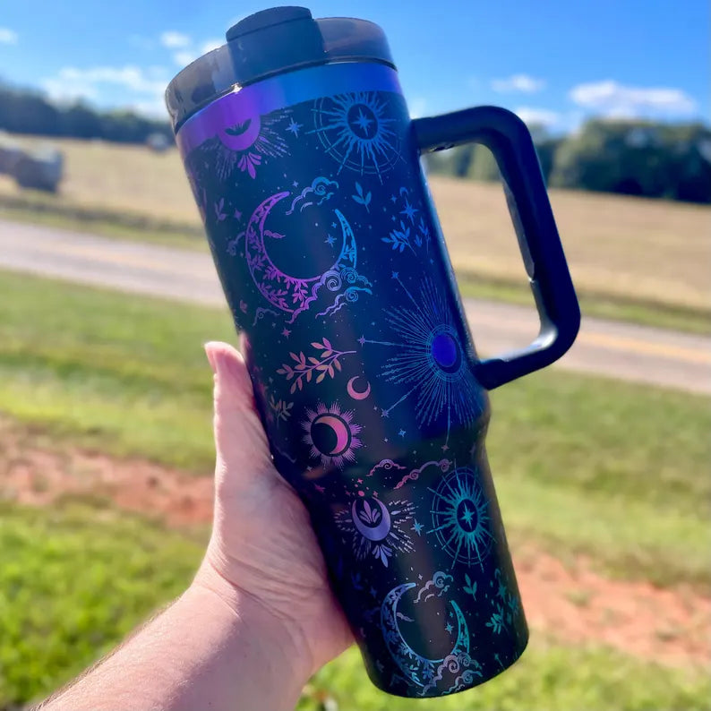 Cosmic Glow Celestial 40oz Engraved Tumbler - Stars & Moon Design