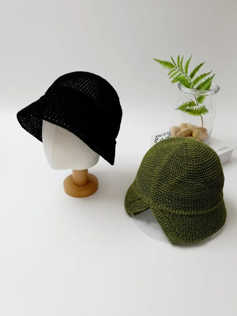 Cotton Straw Bucket Hat: Breathable Summer Sun Hat with Ponytail Slit