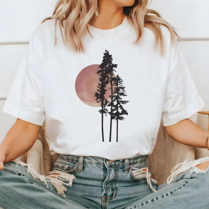 Men's Sunrise Nature Graphic T-Shirt - Tree Sunset Camping Tee, Outdoor Forest Shirt