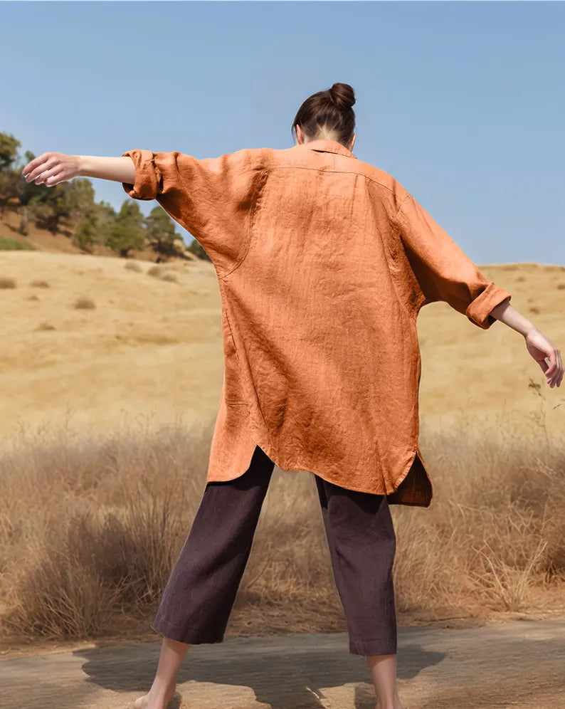 Linen Longline Button-Down Casual Boho Shirt