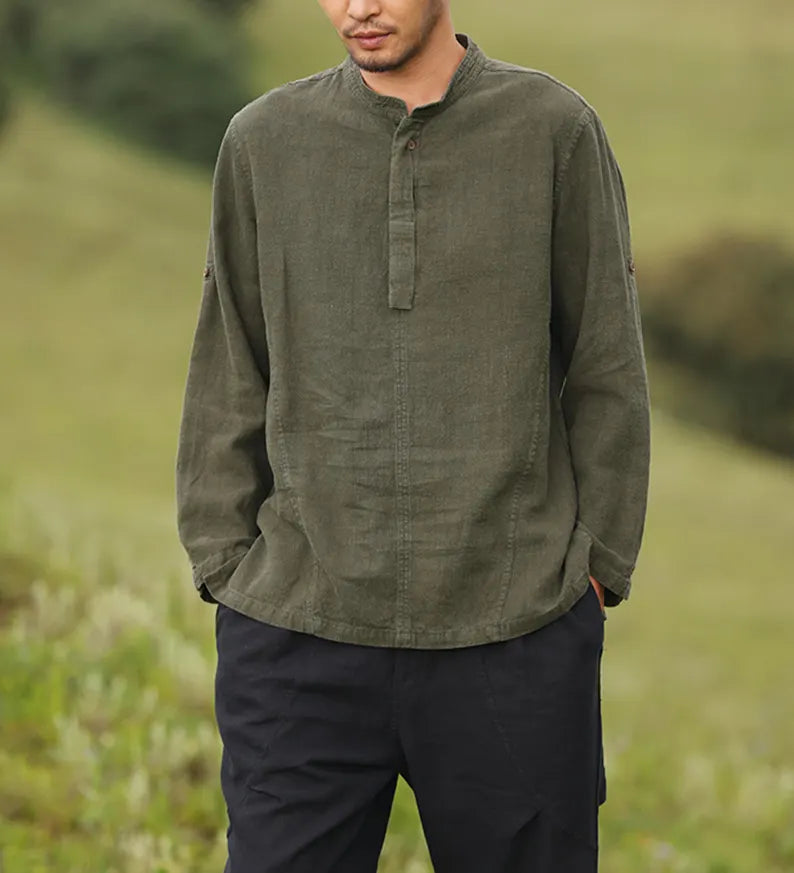 Men's Long Sleeve T-Shirt Breathable Bohemian Linen Top
