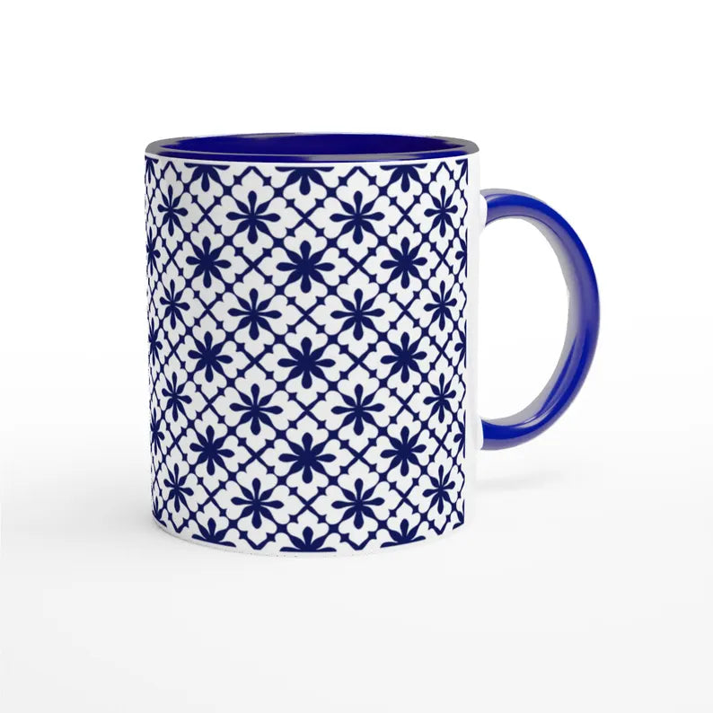 Geometric Blue Patterned Ceramic Mug - Modern Boho Coffee Cup, Aesthetic Blue Tea Mug