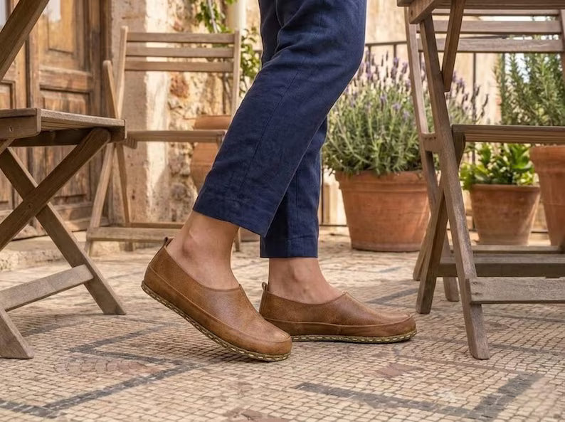 Handmade Moccasins Women : Genuine Leather Shoes , Copper Rivets , Barefoot Loafers - Light Brown
