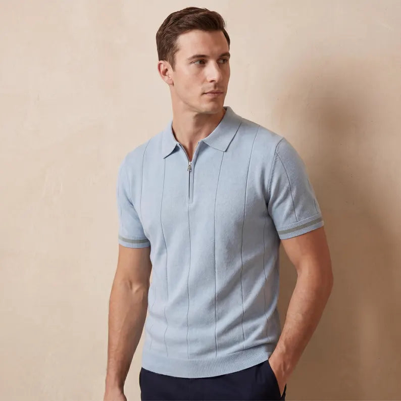 Men's Zip Knit Polo Shirt - Short Sleeve Breathable Slim Fit Tee & Quarter Zip Collared Top
