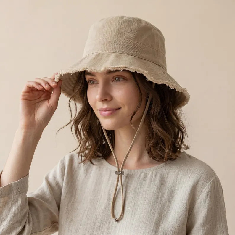 Cotton Bucket Hat with Tassel Brim - Foldable Summer Travel Fisherman Cap & Boho Beach Sun Hat