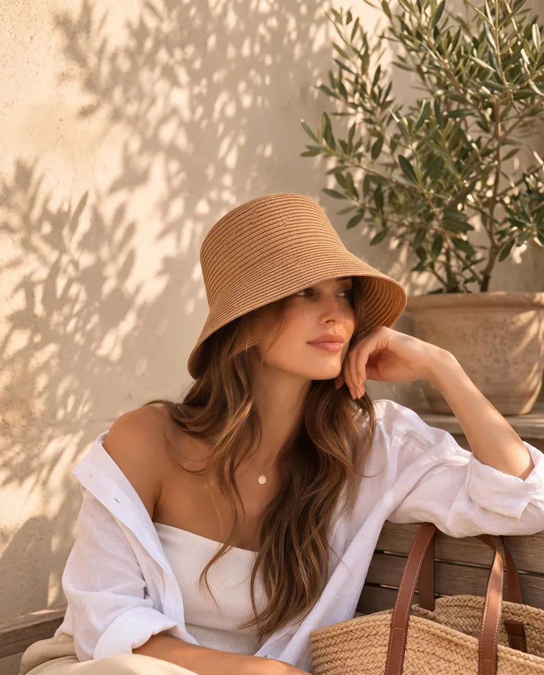 Brown Raffia Bucket Hat for Women - Handwoven Summer Sun Panama Straw Hat & Beach Cap
