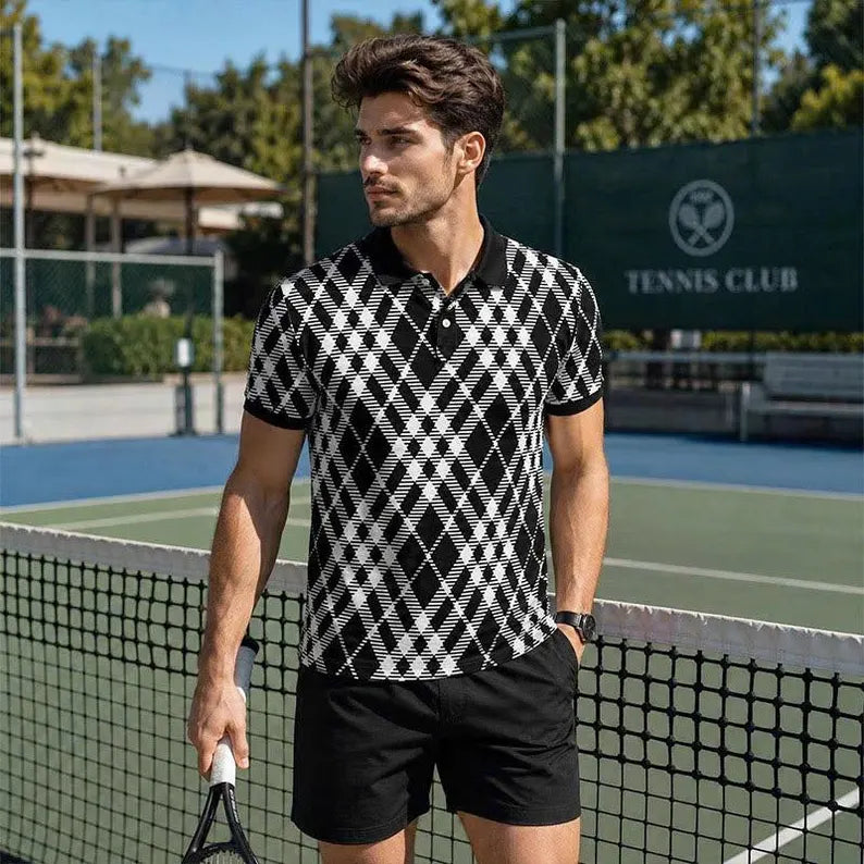 Men's Black & White Argyle Polo Shirt - Geometric Plaid Print Casual Short Sleeve Collared Top