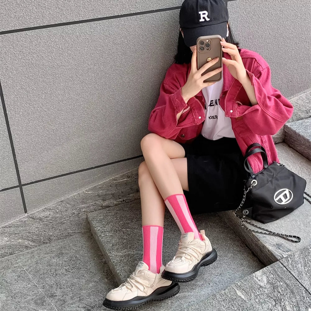 Contrast Striped Pink Crew Socks