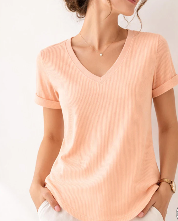 Soft Rib Knit V-Neck T-Shirt - Casual Short Sleeve Tee, Lightweight Everyday Top