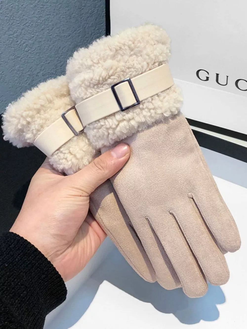 Suede Gloves with Fur Cuff