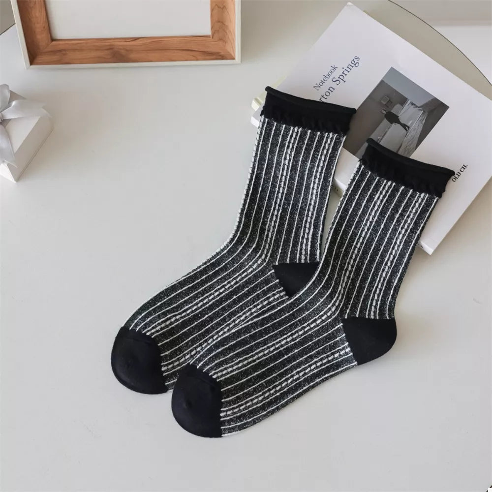 Two-Tone Cotton Knit Crew Socks