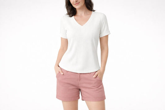 Soft Rib Knit V-Neck T-Shirt - Casual Short Sleeve Tee, Lightweight Everyday Top