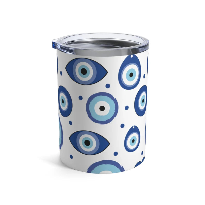 Evil Eye Design Tumbler 10oz - Stainless Steel Insulated Coffee Cup & Travel Mug with Lid