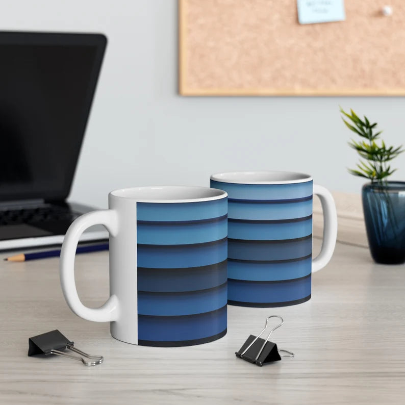 Blue Palette Horizontal Stripes Ceramic Coffee Mug - Retro Lines Cup, Modern Kitchenware Gift