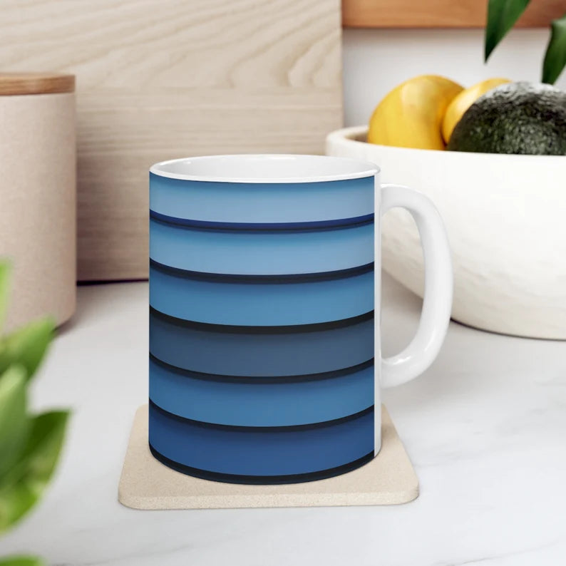 Blue Palette Horizontal Stripes Ceramic Coffee Mug - Retro Lines Cup, Modern Kitchenware Gift