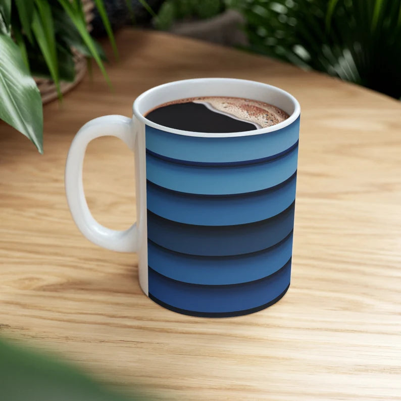 Blue Palette Horizontal Stripes Ceramic Coffee Mug - Retro Lines Cup, Modern Kitchenware Gift