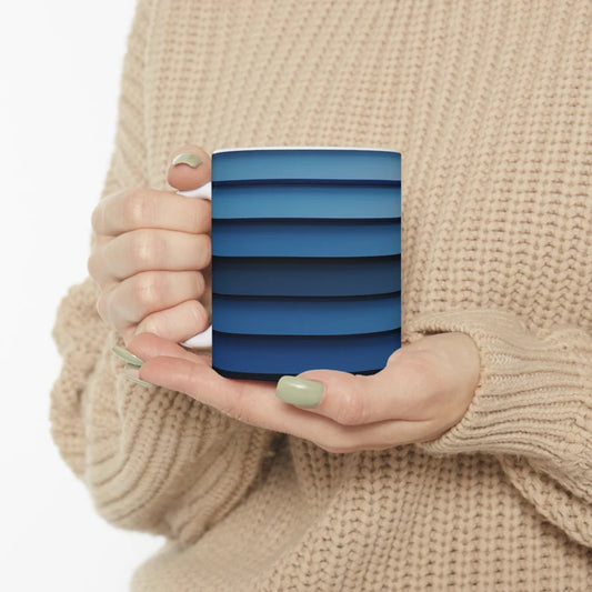 Blue Palette Horizontal Stripes Ceramic Coffee Mug - Retro Lines Cup, Modern Kitchenware Gift