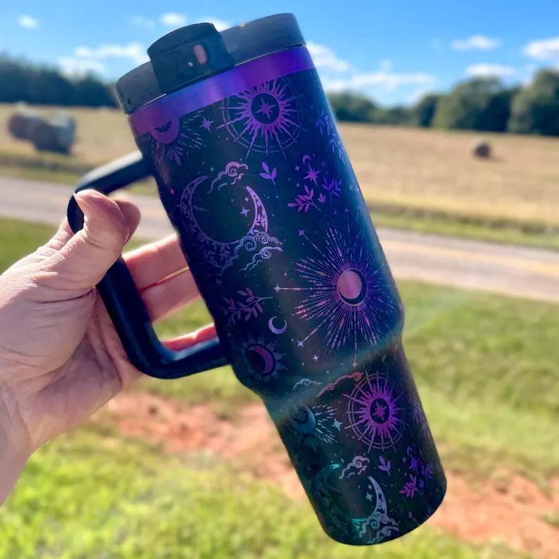 Cosmic Glow Celestial 40oz Engraved Tumbler - Stars & Moon Design