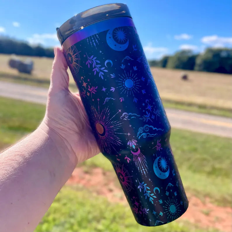 Cosmic Glow Celestial 40oz Engraved Tumbler - Stars & Moon Design