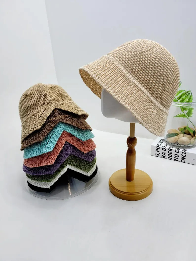 Cotton Straw Bucket Hat: Breathable Summer Sun Hat with Ponytail Slit