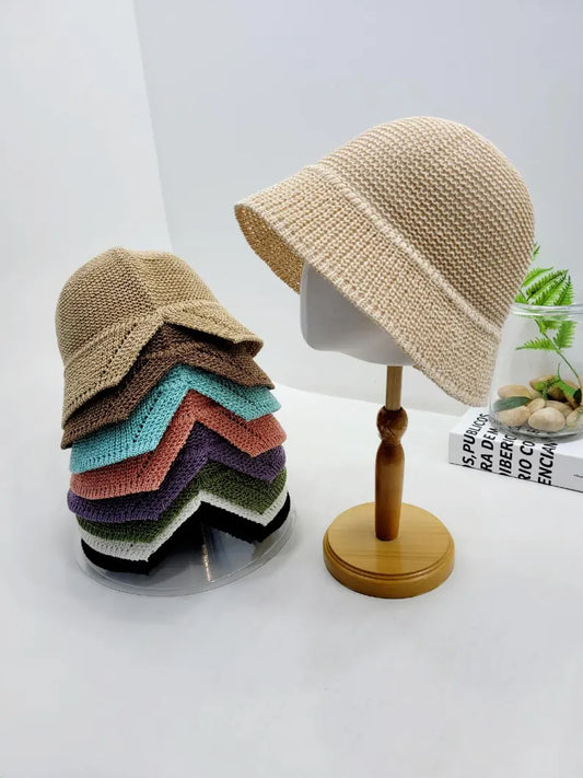 Cotton Straw Bucket Hat: Breathable Summer Sun Hat with Ponytail Slit