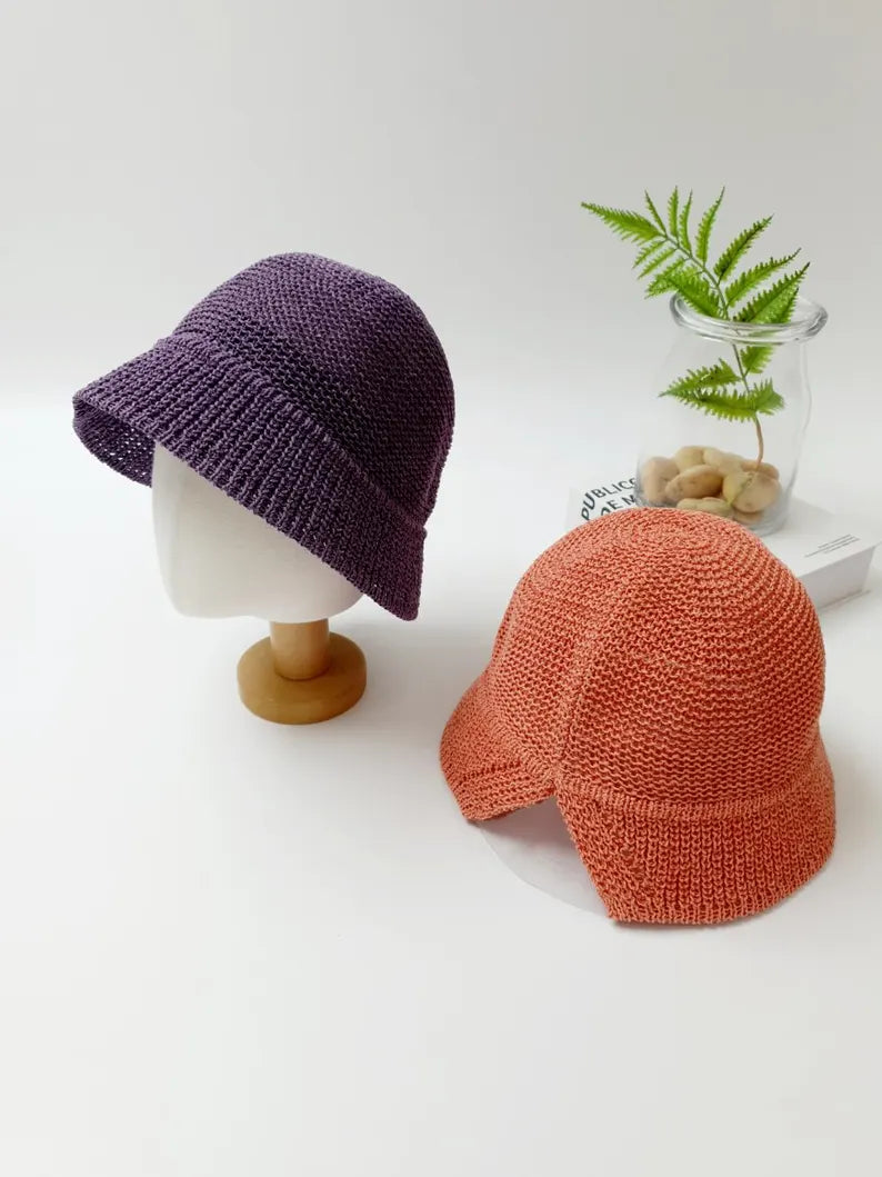 Cotton Straw Bucket Hat: Breathable Summer Sun Hat with Ponytail Slit