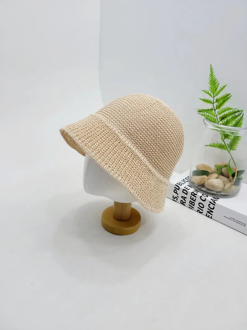 Cotton Straw Bucket Hat: Breathable Summer Sun Hat with Ponytail Slit