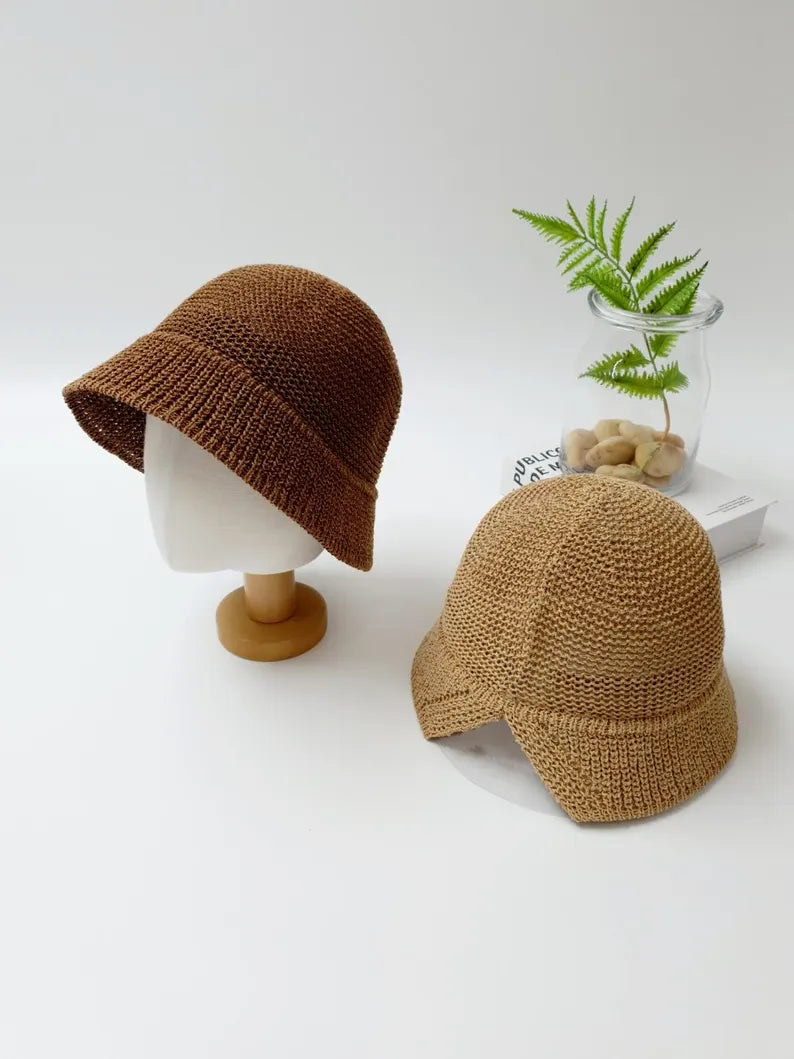 Cotton Straw Bucket Hat: Breathable Summer Sun Hat with Ponytail Slit