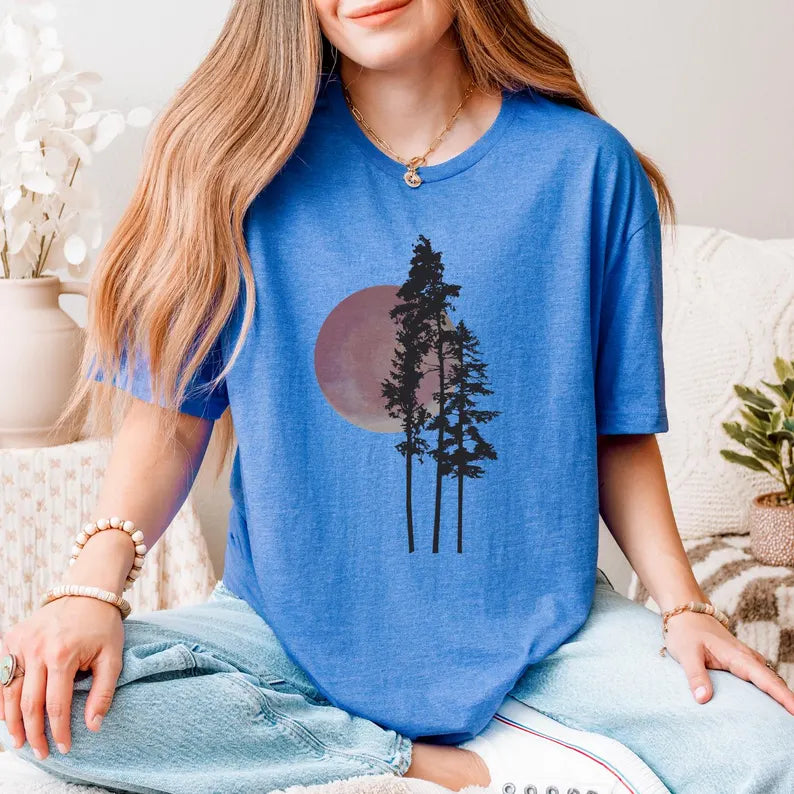 Men's Sunrise Nature Graphic T-Shirt - Tree Sunset Camping Tee, Outdoor Forest Shirt