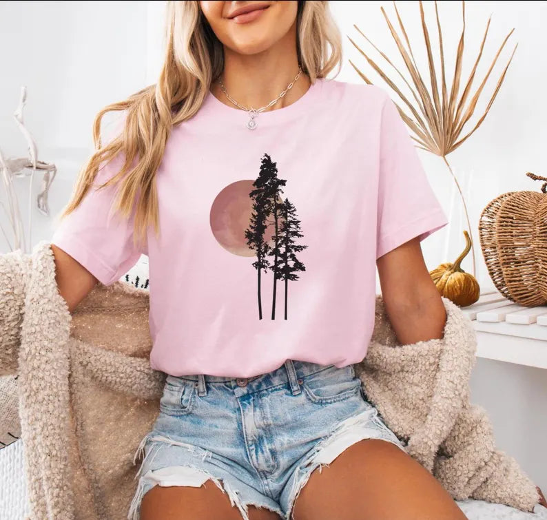 Men's Sunrise Nature Graphic T-Shirt - Tree Sunset Camping Tee, Outdoor Forest Shirt