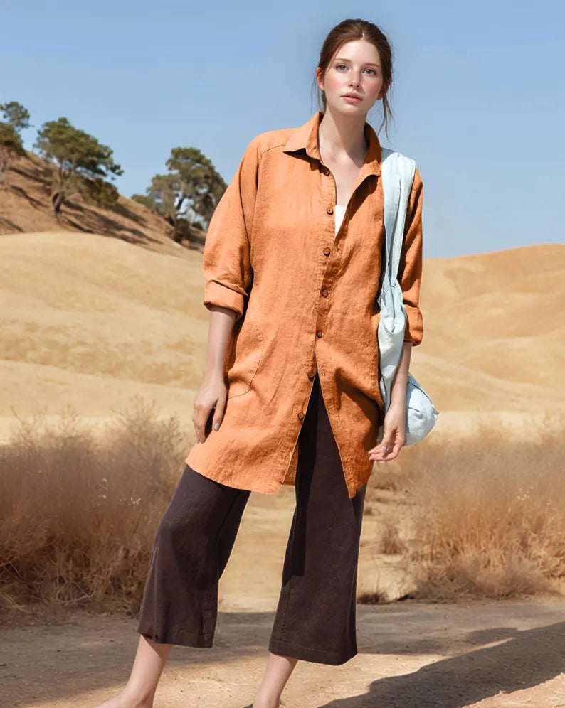 Linen Longline Button-Down Casual Boho Shirt