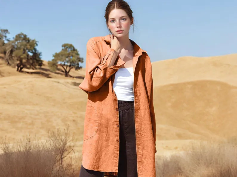 Linen Longline Button-Down Casual Boho Shirt