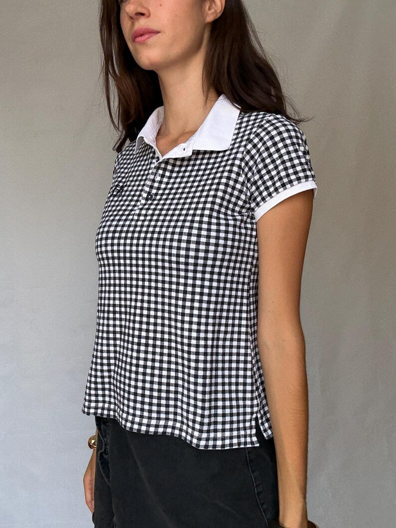 Black Gingham Polo Shirt - Vintage Checked Short Sleeve Polo & Casual Golf Tennis Shirt