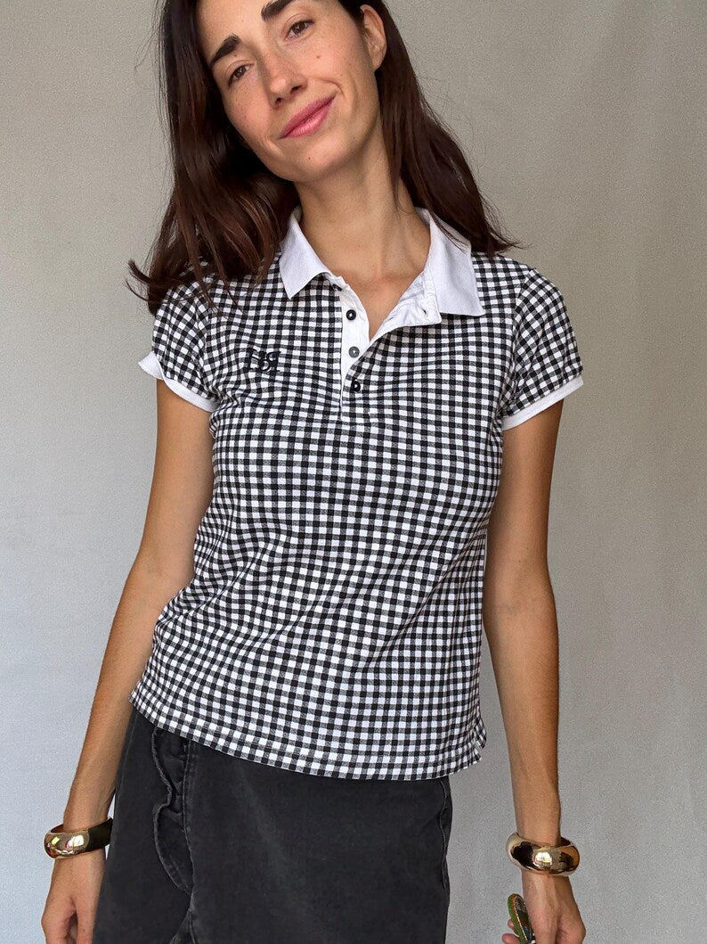 Black Gingham Polo Shirt - Vintage Checked Short Sleeve Polo & Casual Golf Tennis Shirt