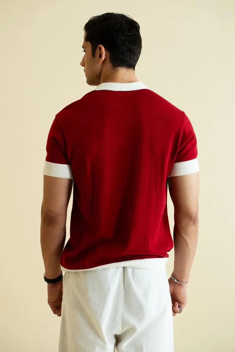 Vintage-Inspired Red Knit Polo Shirt - Short Sleeve Retro Collared Top & Smart Casual Golf Shirt for Men