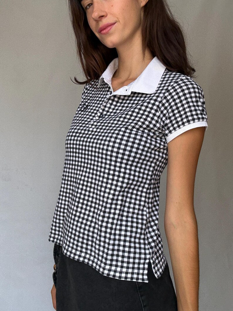 Black Gingham Polo Shirt - Vintage Checked Short Sleeve Polo & Casual Golf Tennis Shirt