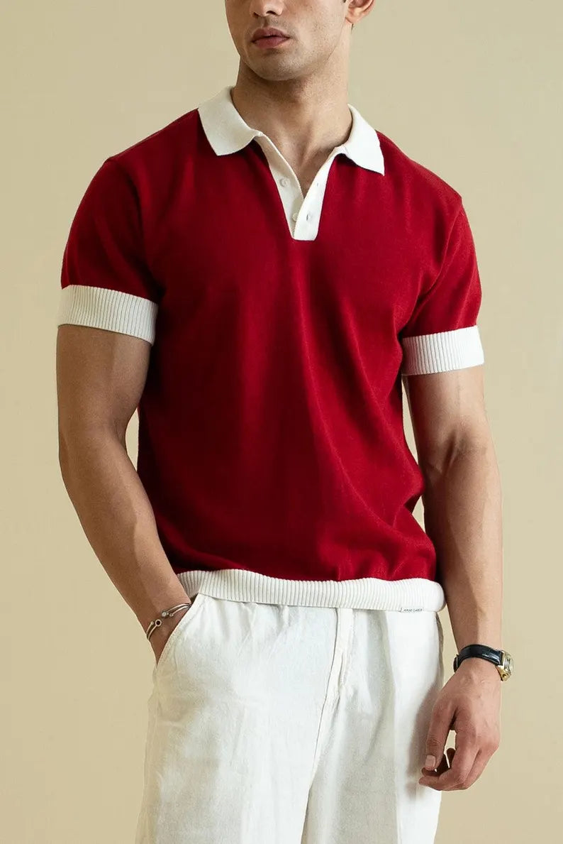 Vintage-Inspired Red Knit Polo Shirt - Short Sleeve Retro Collared Top & Smart Casual Golf Shirt for Men