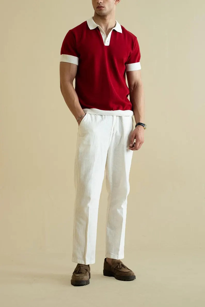 Vintage-Inspired Red Knit Polo Shirt - Short Sleeve Retro Collared Top & Smart Casual Golf Shirt for Men