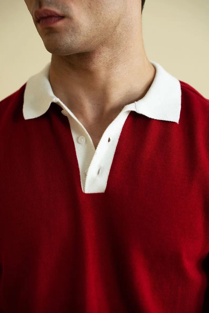 Vintage-Inspired Red Knit Polo Shirt - Short Sleeve Retro Collared Top & Smart Casual Golf Shirt for Men