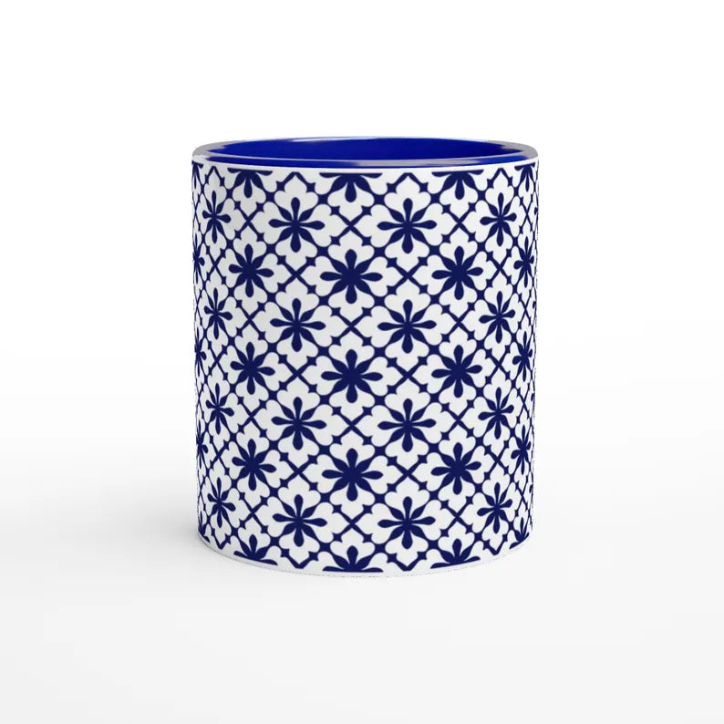 Geometric Blue Patterned Ceramic Mug - Modern Boho Coffee Cup, Aesthetic Blue Tea Mug