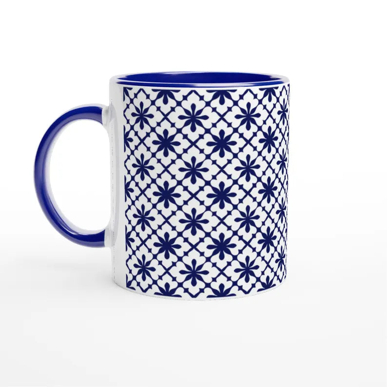 Geometric Blue Patterned Ceramic Mug - Modern Boho Coffee Cup, Aesthetic Blue Tea Mug