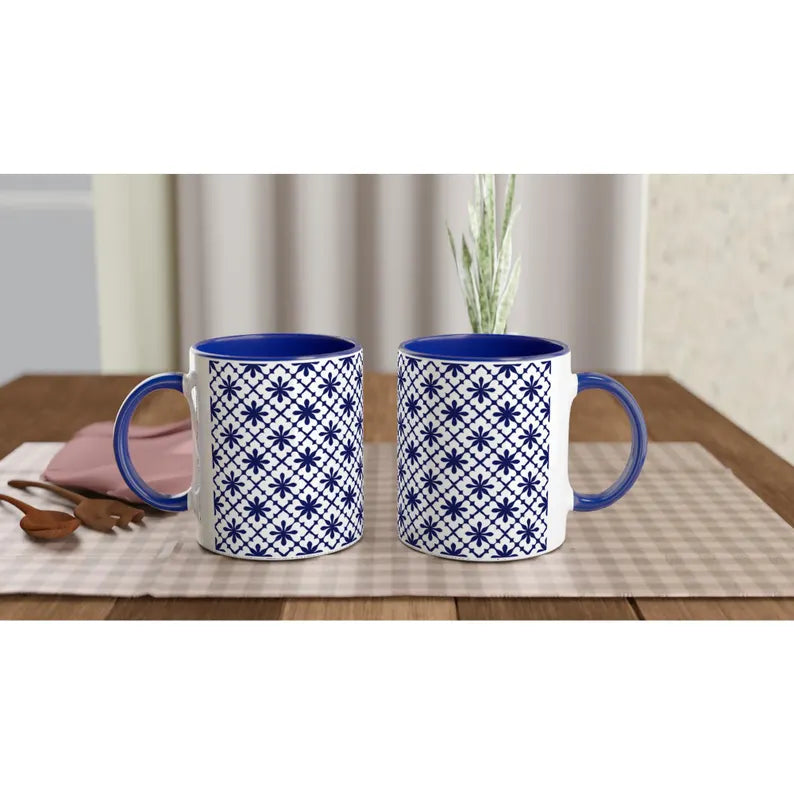 Geometric Blue Patterned Ceramic Mug - Modern Boho Coffee Cup, Aesthetic Blue Tea Mug