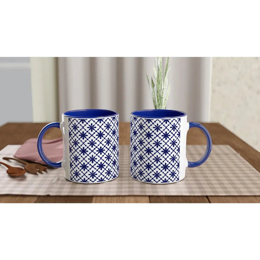 Geometric Blue Patterned Ceramic Mug - Modern Boho Coffee Cup, Aesthetic Blue Tea Mug