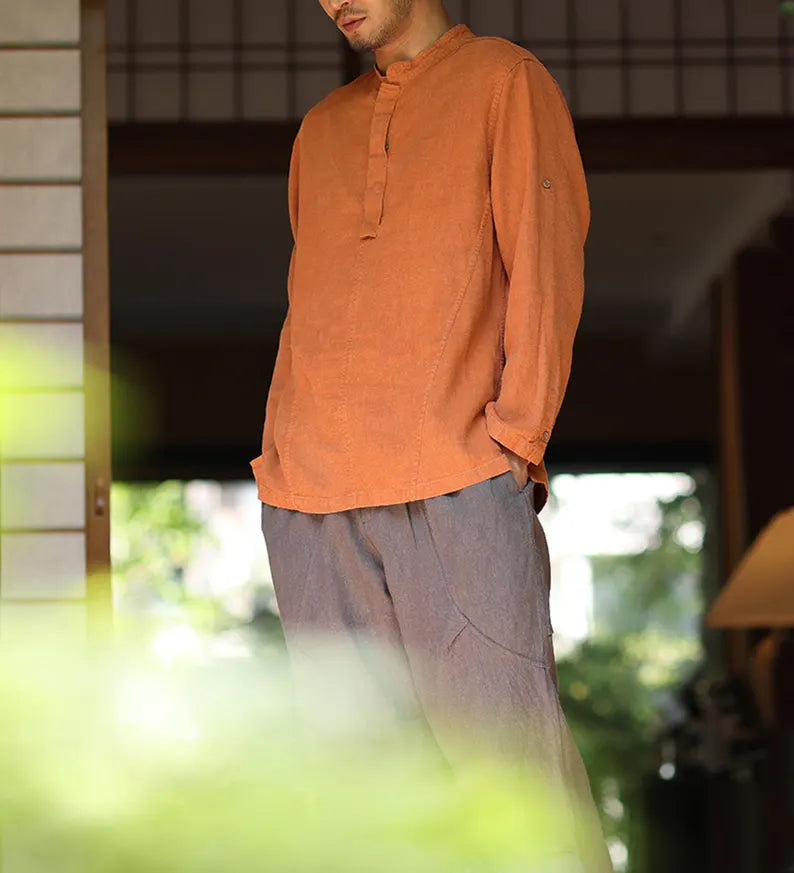 Men's Long Sleeve T-Shirt Breathable Bohemian Linen Top