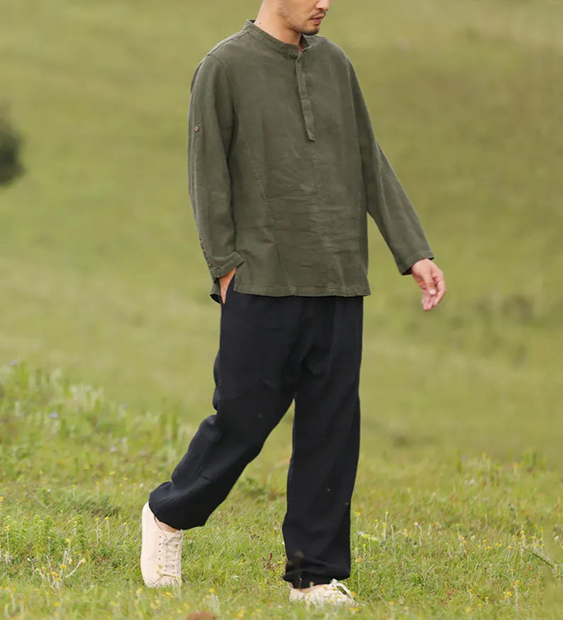 Men's Long Sleeve T-Shirt Breathable Bohemian Linen Top