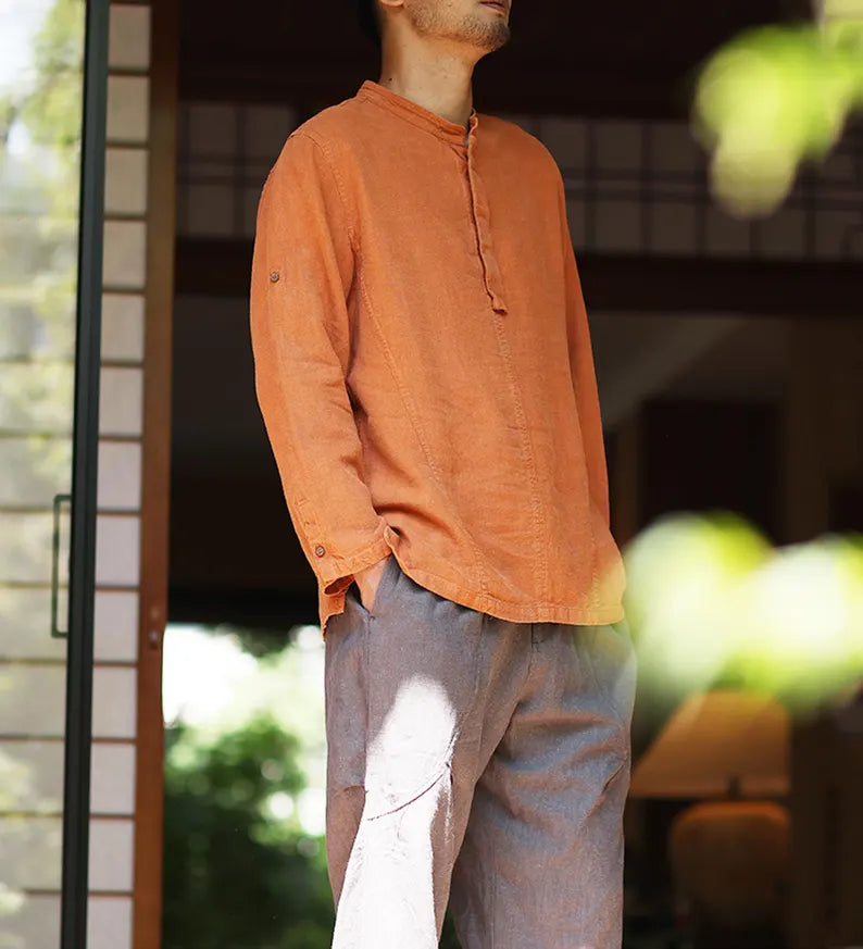 Men's Long Sleeve T-Shirt Breathable Bohemian Linen Top