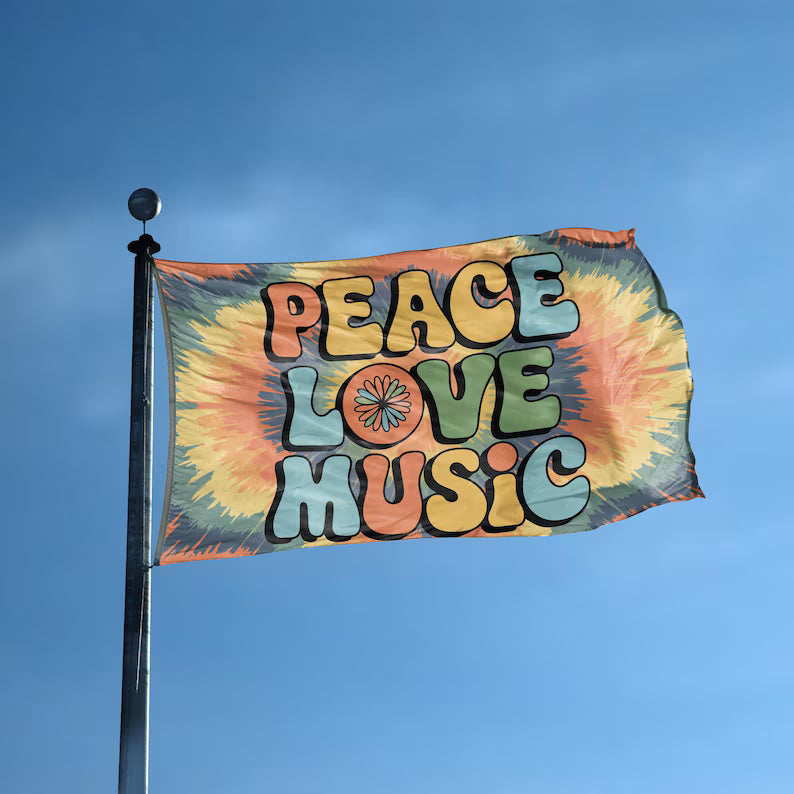 Peace Love Music Tie Dye Flag - Vibrant Polyester Banner for Music Festivals, Hippie Room & Wall Deco