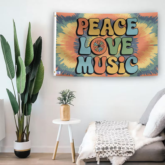 Peace Love Music Tie Dye Flag - Vibrant Polyester Banner for Music Festivals, Hippie Room & Wall Deco