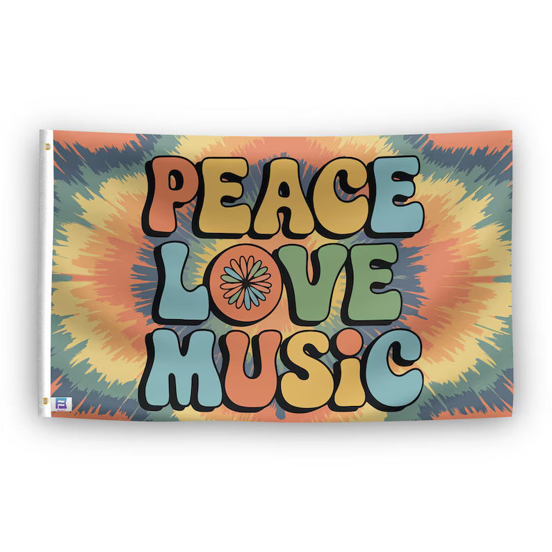 Peace Love Music Tie Dye Flag - Vibrant Polyester Banner for Music Festivals, Hippie Room & Wall Deco